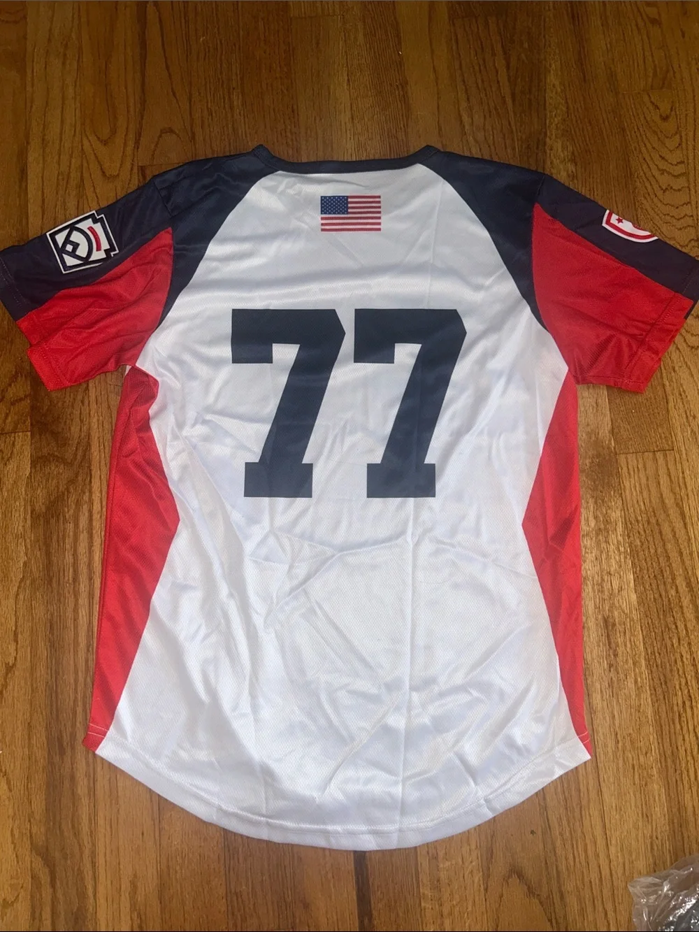 White, Red & Black Athletic Jersey with Number 77 Youth XL NEW